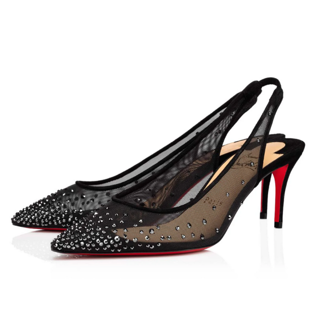 Christian Louboutin Follies Strass Sling Pumps 70mm Fishnet Black