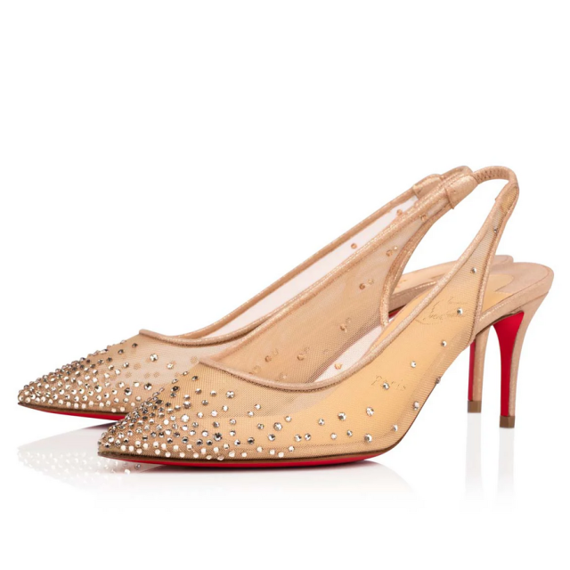 Christian Louboutin Follies Strass Sling Pumps 70mm Fishnet Nude