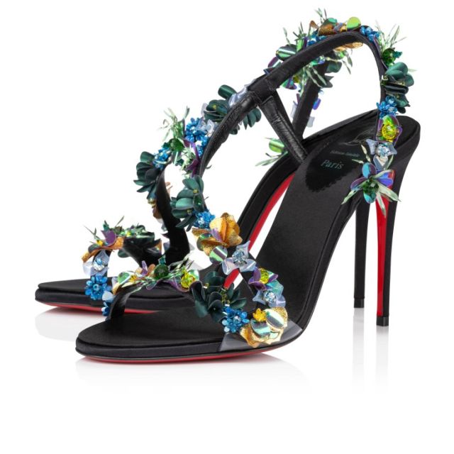 Christian Louboutin Rosalie Tropica 100 Mm Sandals Embroidered Crepe Satin Pvc And Leather Black