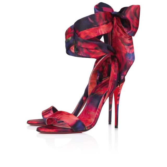 Christian Louboutin Sandale Du Desert 100Mm Strappy Sandals Roses Printed Crepe Satin Multicolor