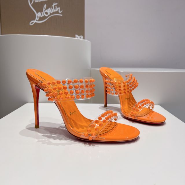 Christian Louboutin Spike Only 105mm PVC and Patent Leather Sandals Orange
